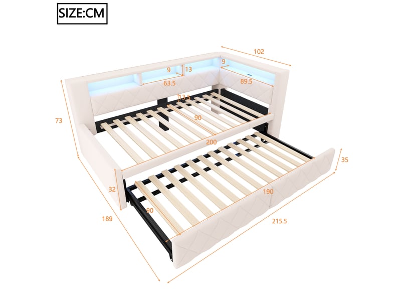  Lit banquette extensible 90 x 200 cm en lit double 180 x 200 cm avec led multicolore, ports usbusb-c et revêtement en lin beige sans matelas  - Conforama E