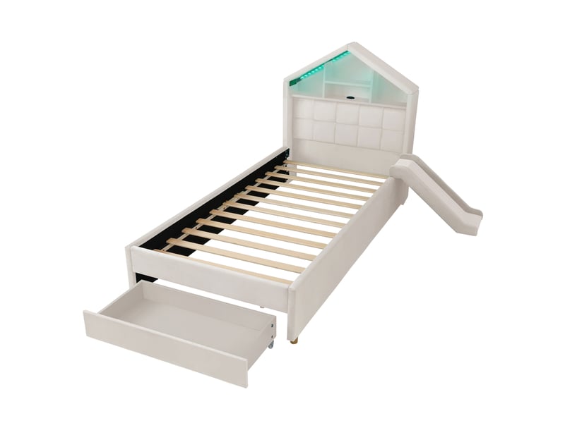 Lit enfant 90x200 cm beige, lit maison capitonné, toboggan réversible, led, prise, étagère, coffre - Conforama A