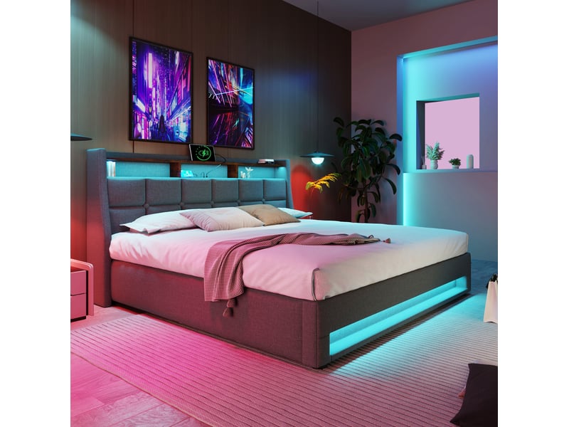 Lit avec led 160 × 200 cm 2 places, coffre, usb et télécommande, matelas inclus, en tissu de lin gris - Conforama C
