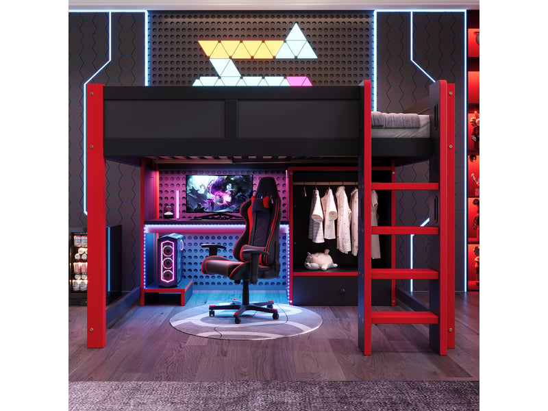 Lit mezzanine gamer 140x200 cm avec bureau, armoire, tiroirs et étagères, structure en pin, noir et rouge - Conforama R