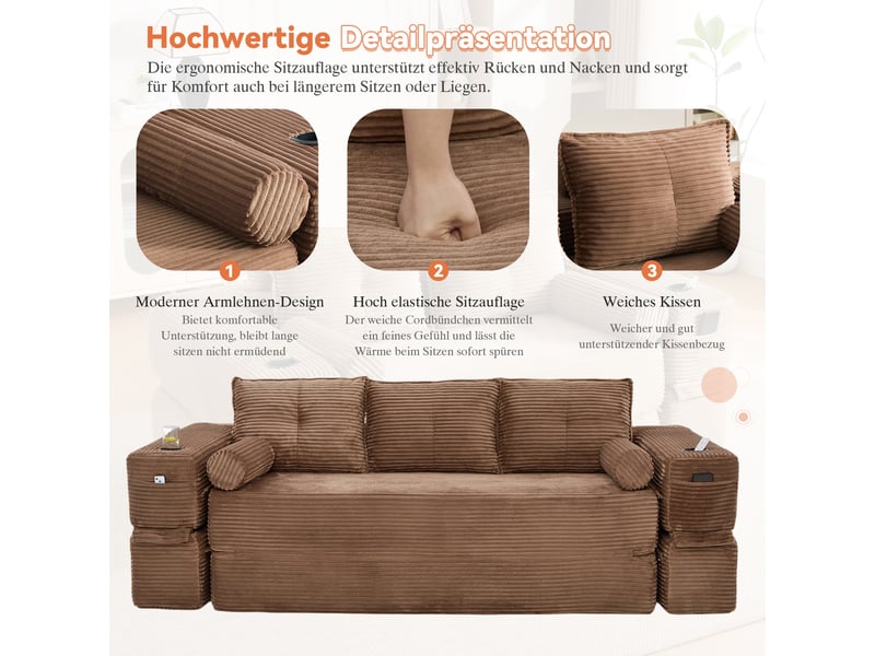  Canapé convertible 3 places en velours côtelé marron avec coffre et tiroir intégré sous l'assise  - Conforama D