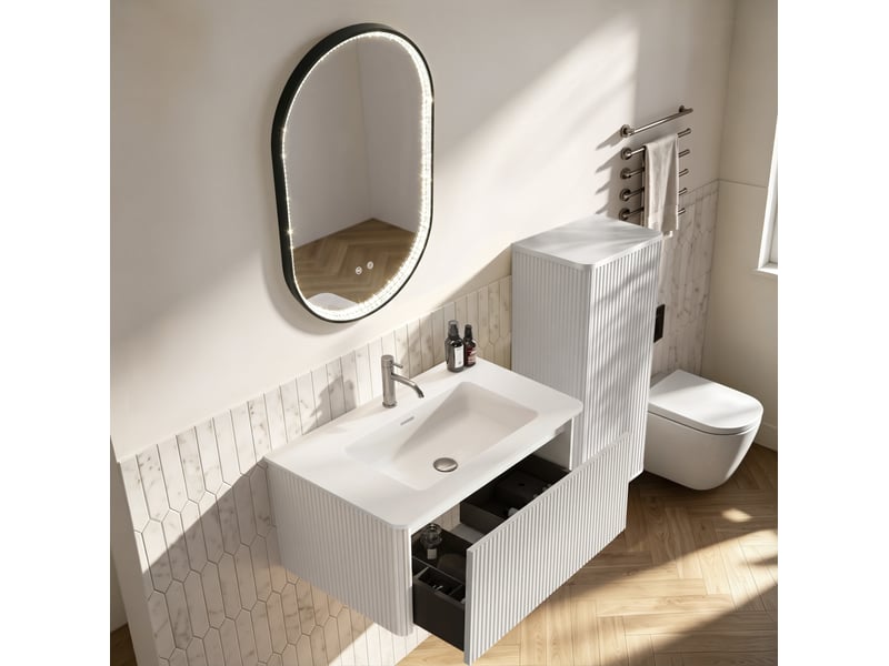 Armoire de salle de bain avec meuble sous vasque, meuble latéral et miroir led pour salle de bain moderne et ordonnée - Conforama C