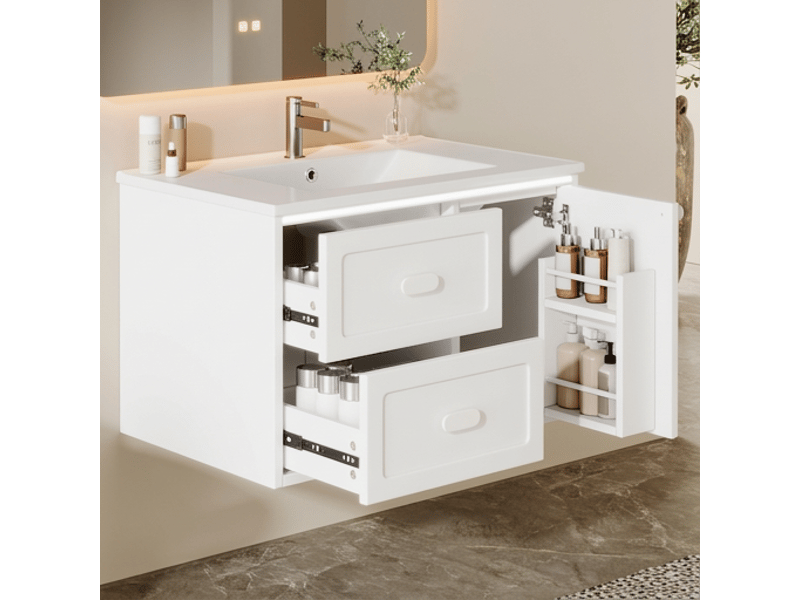 Meuble salle de bain suspendu 76 cm vasque céramique blanc laqué - Conforama B