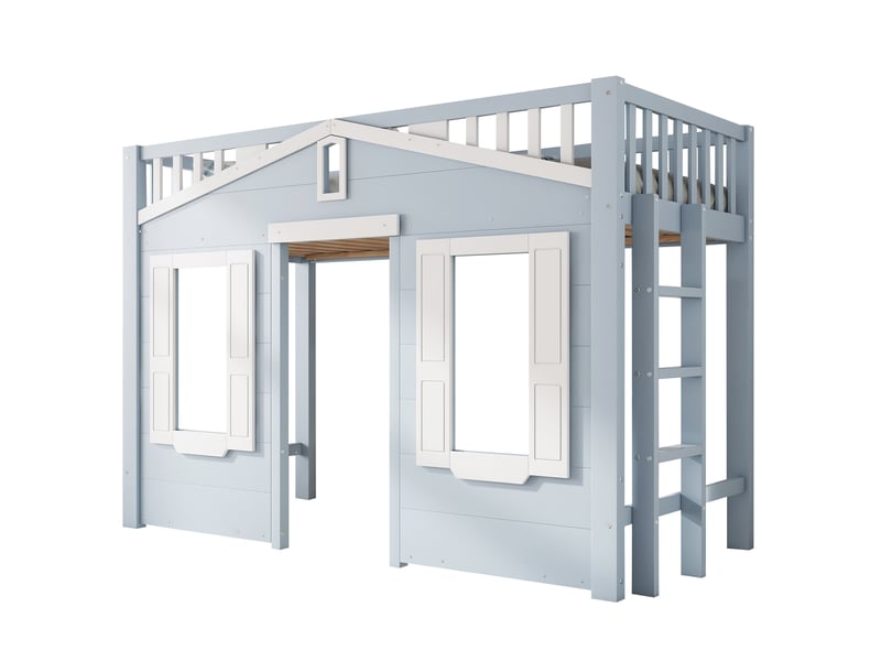  Lit mezzanine enfant 90x200 cm, forme de maison, barrière de sécurité et escalier, en bois, bleu, sans matelas  - Conforama A