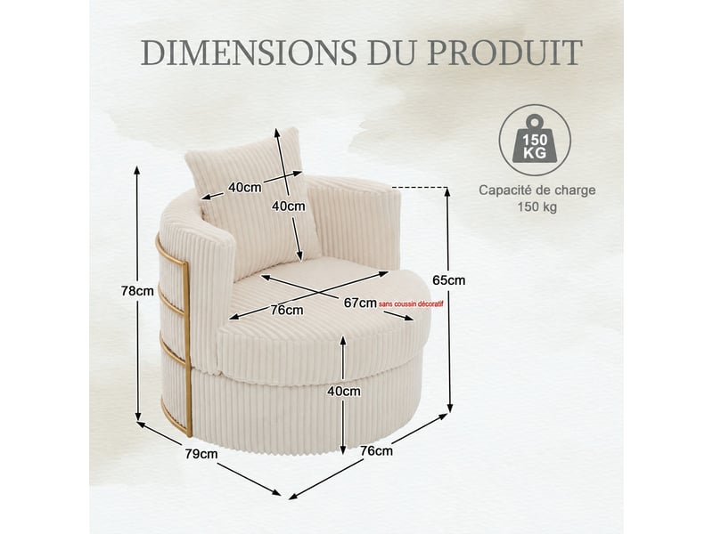  Fauteuil pivotant 360° en velours côtelé avec rangement, beige crème, 76 x 79 x 78 cm Fay Lum - Conforama C