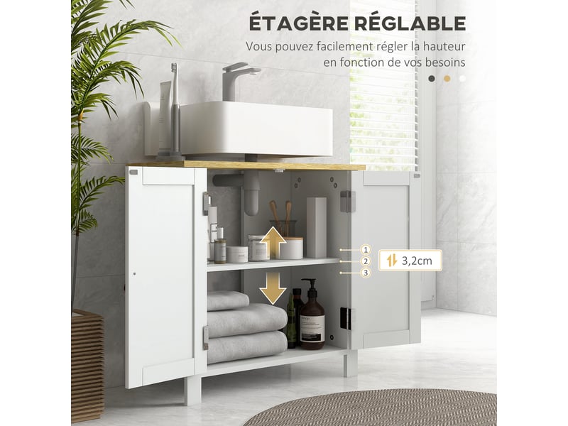  Meuble sous lavabo 2 portes étagère réglable mdf blanc et naturel 60 x 30 x 60 cm  - Conforama E