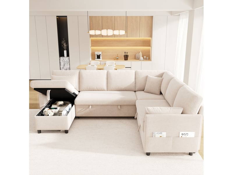  Canapé d’angle modulable 6 places 255x196x85 cm convertible avec coffre en métal et bois couleur beige, design moderne  - Conforama B