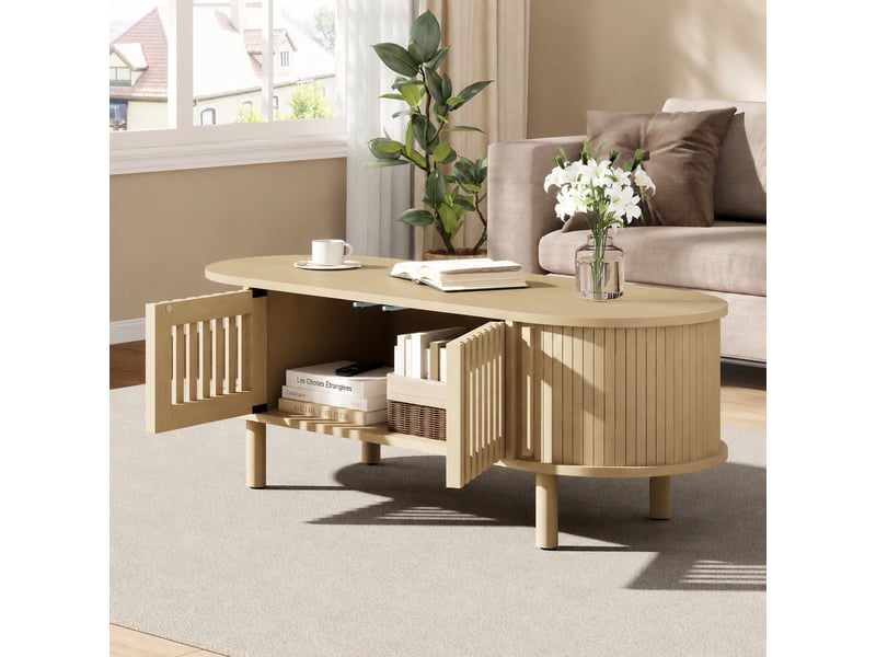  Table basse ovale avec rangement, 2 portes à lattes et porte coulissante, 100 x 40 x 38 cm, bois clair  - Conforama B