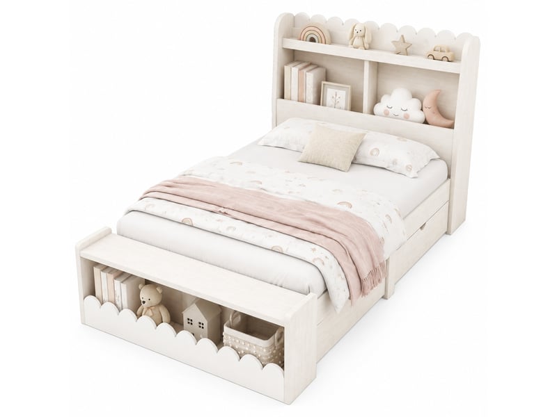 Lit enfant 90 x 190 cm blanc et chêne clair avec tiroirs, étagères et banc de rangement - Conforama A