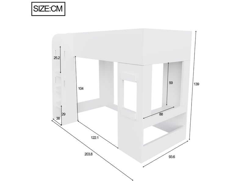  Lit mezzanine en bois 90×200 cm - avec éclairage led - avec petit bureau - avec barrières de sécurité - blanc (matelas non inclus)  - Conforama D