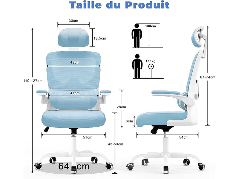 Chaise de bureau ergonomique:fauteuil bureau avec support lombaire enc,bleu | dossier et appui-tête réglables,reversible armrest,siege en maille respirante convient à la maison bureau ,lecture - Conforama C