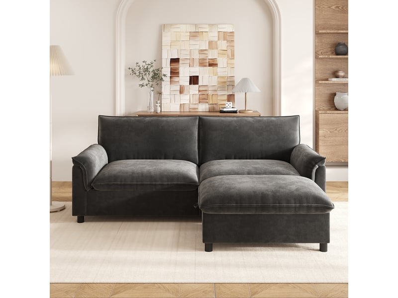 Canapé modulaire 3 places gris, tissu chenille canapé d'angle, assise profonde avec pouf coffre rangement pour salon & espace détente - Conforama D