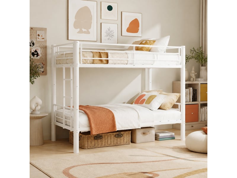 Lit superposé 190×90 cm pour le couchage inférieur, séparable en deux lits simples, avec échelle et barrières, en fer blanc - Conforama B