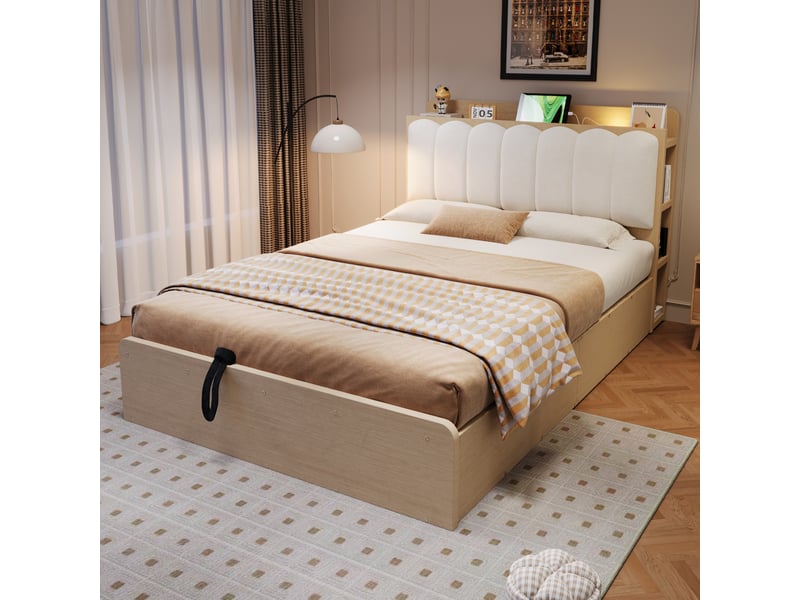  Lit coffre 140x200 cm, lit double, rangement hydraulique, étagères, port usb, tête de lit rembourrée, veilleuse, bois naturel  - Conforama W