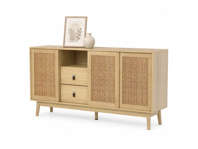 Buffet avec 3 portes coulissantes en rotin et 2 tiroirs – 155 x 38 x 80 cm – décor bois - Conforama A