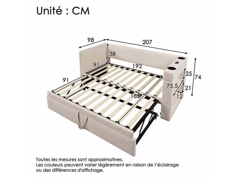 Lit banquette 1 place 90×190 cm avec lit gigogne, 3 ports usb, port type-c et 2 porte-gobelets, sans matelas, beige - Conforama D