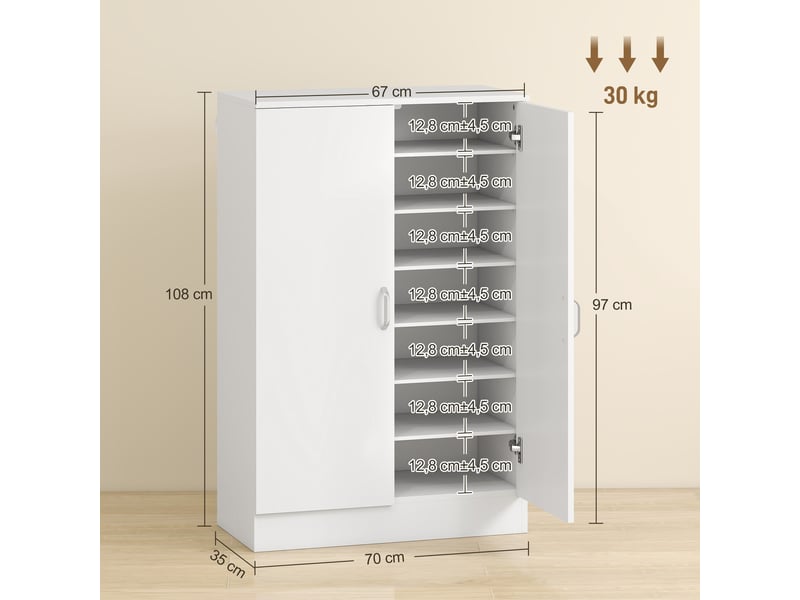  Meuble à chaussures à 2 portes, 6 étagères réglables, charnières à fermeture amortie, pour 21 paires de chaussures, blanc  - Conforama D