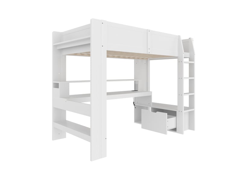  Lit mezzanine gaming blanc 90 × 200 cm, bureau, led, tiroir et étagères  - Conforama D