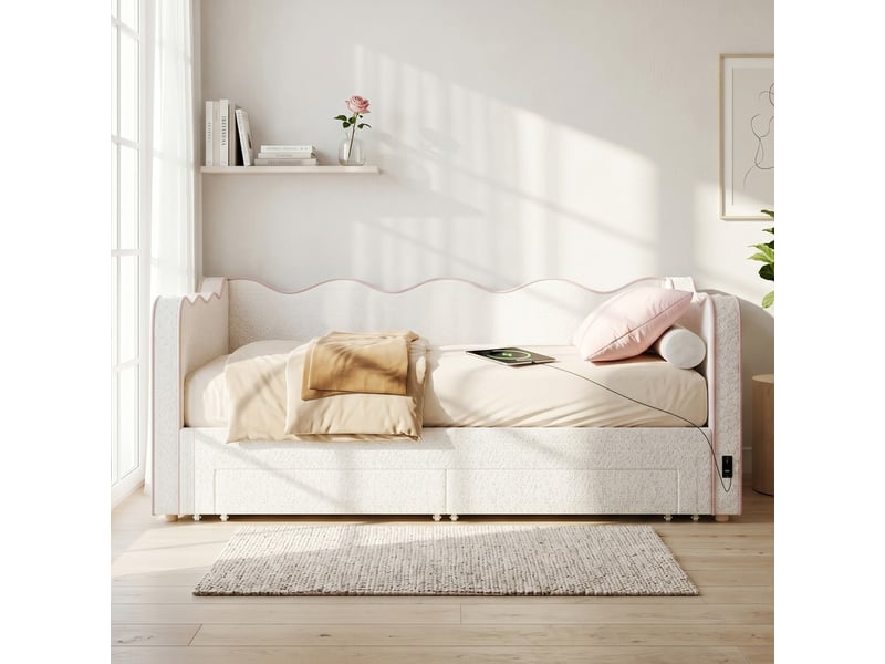  Lit banquette 90x200 cm extensible 180 cm avec tiroirs de rangement usb bouclé beige  - Conforama D