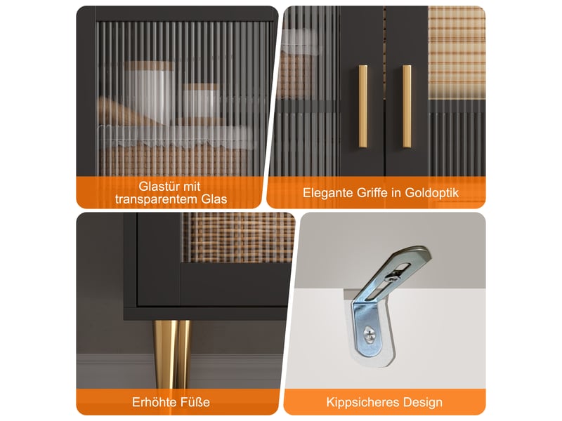 Armoire colonne cuisine 130x40x172 cm noire avec led rgb, prises intégrées, porte-bouteilles, étagères coulissantes, 2 tiroirs et rangement moderne - Conforama E