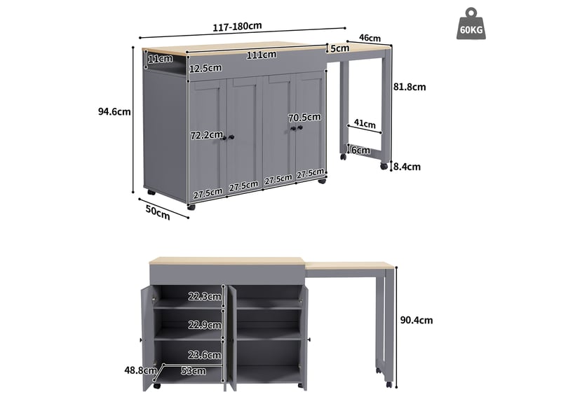  Table de bar extensible avec espace de rangement, îlot central de cuisine pour 4 à 6 personnes, 118-180x50x94cm, couleur grise  - Conforama D