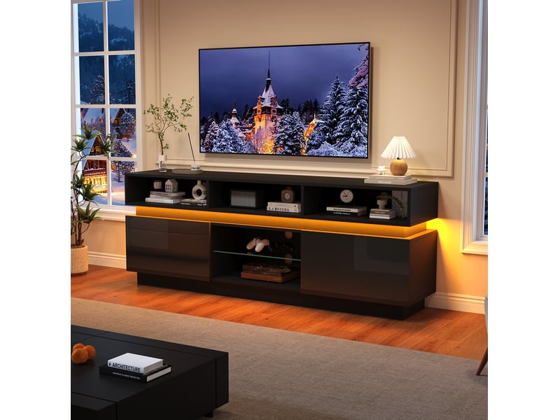  Meuble tv 160x35x60 cm avec led, façade brillante, mdf, noir  - Conforama E