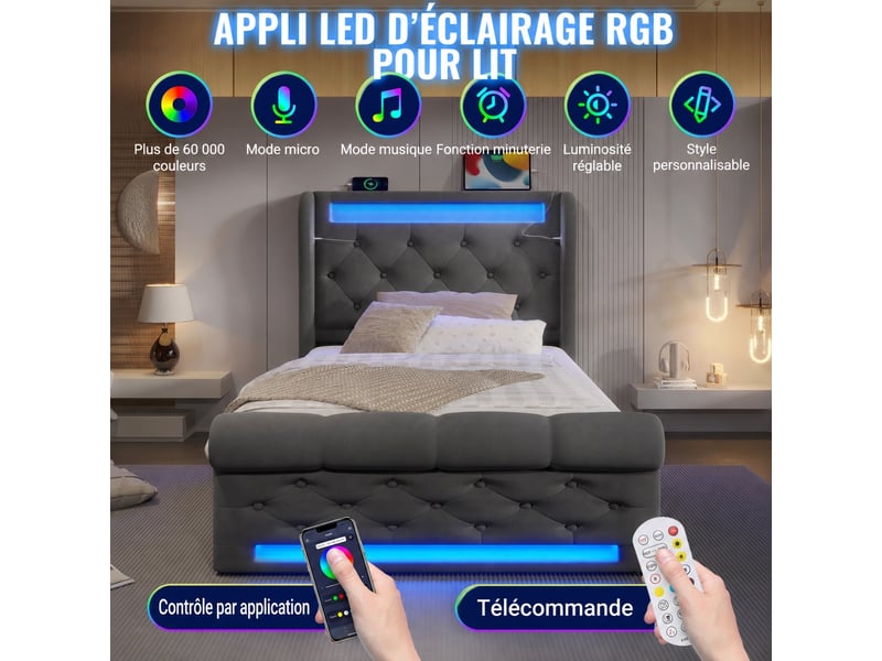 Lit coffre 90x200 avec matelas, velours gris, led, ports usb et type-c - Conforama D