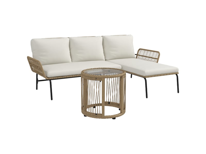 Salon de jardin d'angle 3 pl. En résine tressée avec canapés, chaise longue, table basse et coussins - Conforama B
