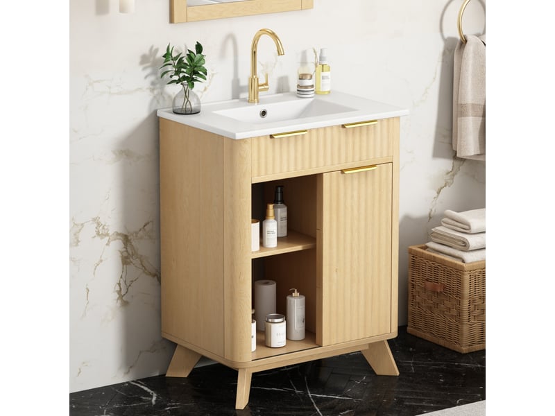  Meuble de salle de bain - 61x47x90cm - meuble sous-vasque avec vasque céramique, porte coulissante &amp; 3 tiroirs - bois naturel  - Conforama D