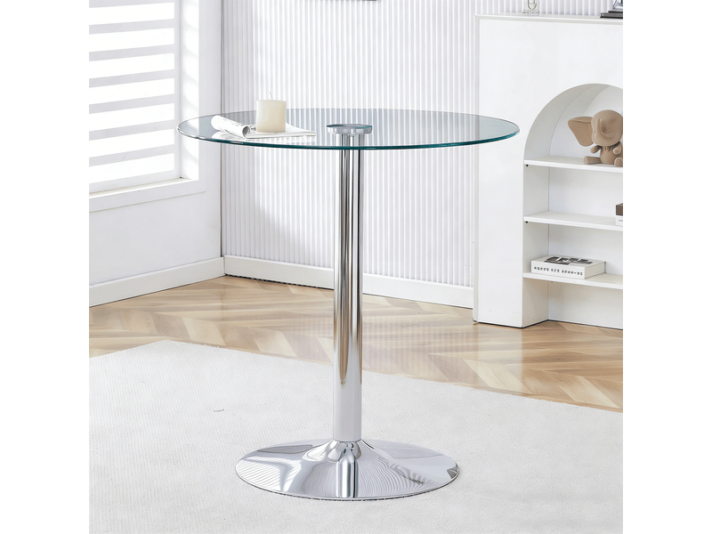  Table de salle à manger ronde en verre et métal pour bar, diamètre 89 cm, hauteur 92 cm argentée transparente  - Conforama C