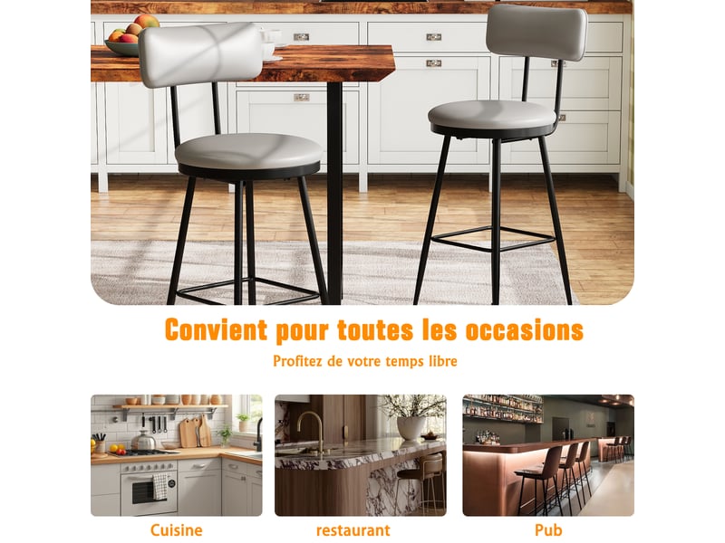  Tabouret de bar  lot de 4 - assise 65 cm - simili‑cuir gris foncé - structure métal  - Conforama D