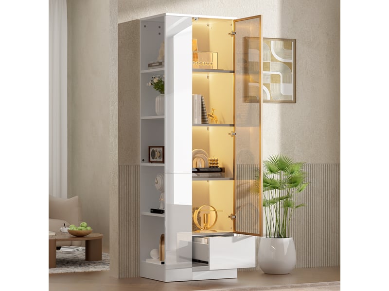  Vitrine led réglable avec tiroir - lpospi - porte vitrée, verre, panneaux de particules blanc, 50 × 35 × 160 cm  - Conforama C
