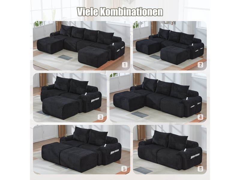 Canapé modulable, canapé de salon, en velours tricoté, noir, adapté à l'espace de vie, porte-gobelets - Conforama W
