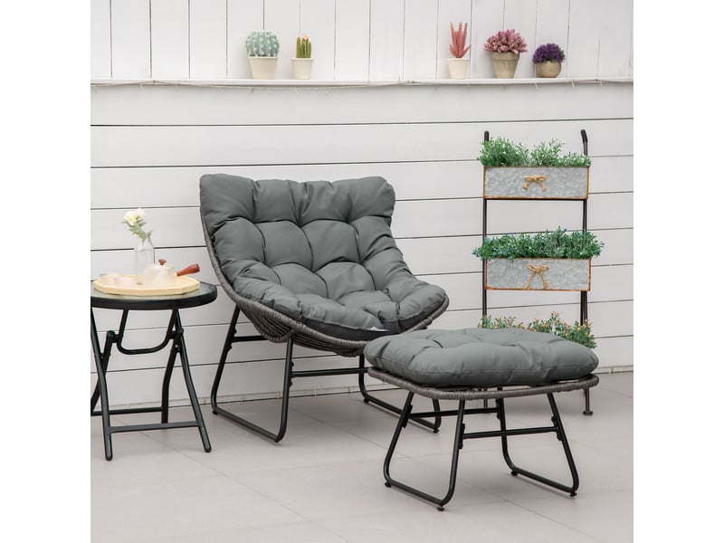  Fauteuil inclinable en rotin avec repose-pieds, chaise de jardin avec coussins épais, chaise d'extérieur en rotin pour jardin, balcon, terrasse, gris  - Conforama C