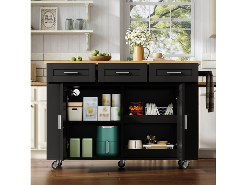  Desserte de cuisine avec 2 portes, 3 tiroirs, plan rabattable, prises et roulettes, naturelle et noire 120 × 70 × 84 cm  - Conforama D