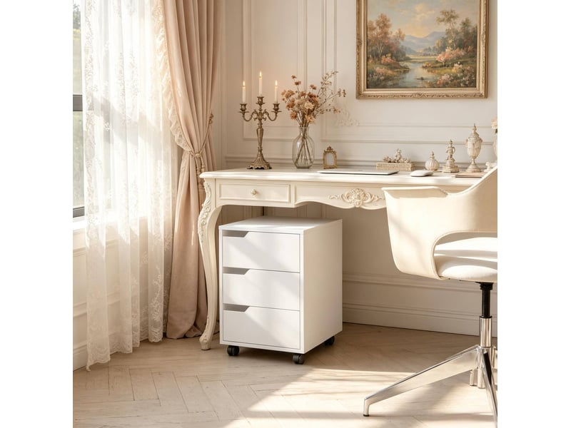  Caisson mobile 3 tiroirs 40x50x57,5 cm blanc mdf et métal, rangement de documents sur roulettes  - Conforama B