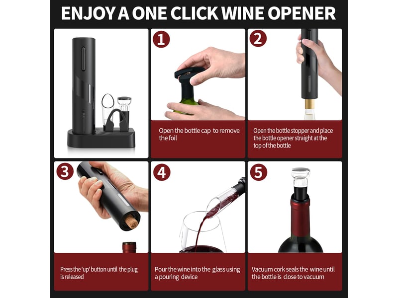  Décapsuleur électrique 5 en 1 avec base de rangement rechargeable, coupe-capsule, bec verseur et bouchon de vin  - Conforama C
