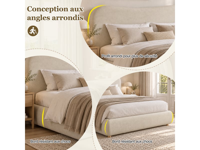  Lit coffre 160x200 cm beige, tissu chenille, sommier relevable hydraulique, tête de lit rembourrée 10,5 cm, pieds en bois massif, sommier à lattes inclus  - Conforama D