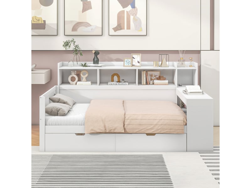  Lit banquette 90x200 blanc avec bureau intégré, tiroirs et prises usb  - Conforama B