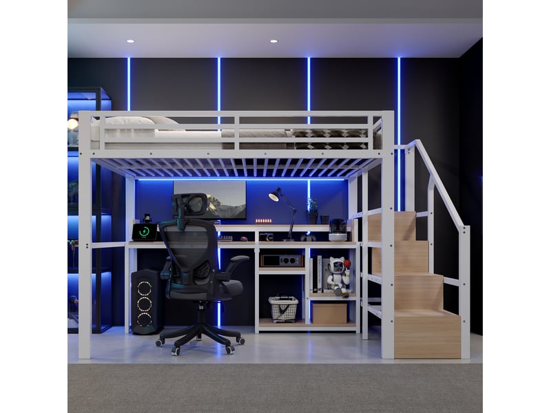  Lit mezzanine 140 × 200 cm 2 places avec armoire-échelle, étagères, led, usb et usb-c, sans matelas, blanc  - Conforama C