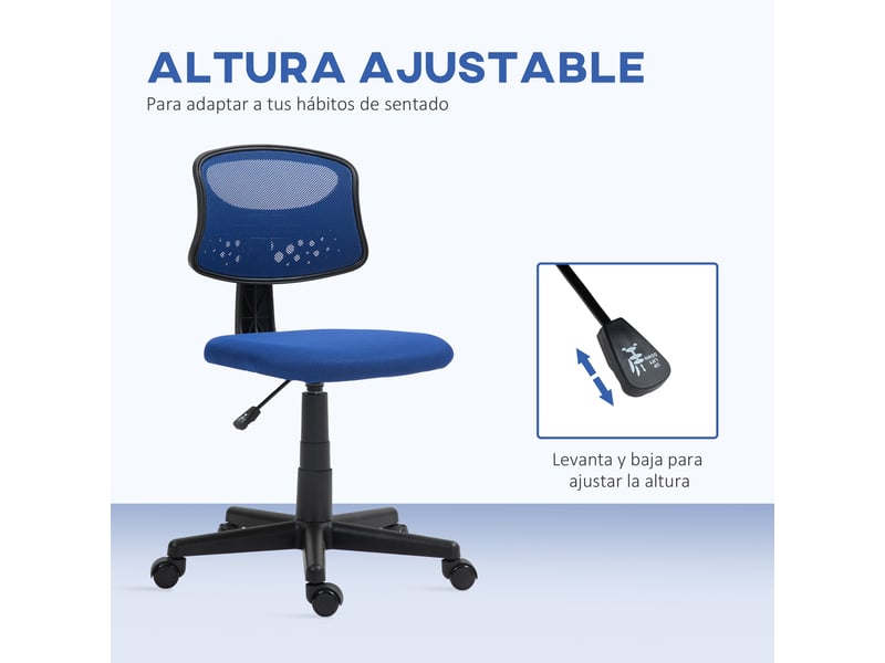  Chaise de bureau sans accoudoirs, pivotante, avec dossier en maille respirante et hauteur réglable, bleue.  - Conforama E