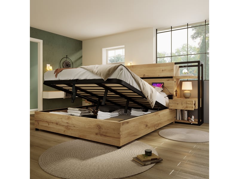  Lit double en mdf et métal chêne 160x200 cm  - Conforama D