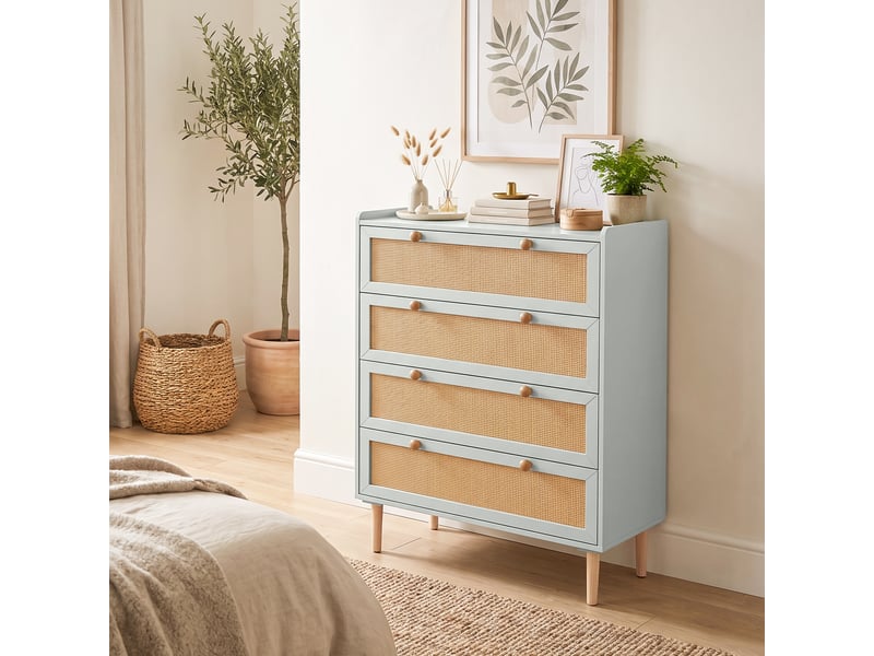  Commode 4 tiroirs style bohème chic rotin bois vert sauge  - Conforama B