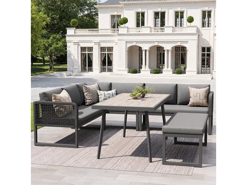 Ensemble de mobilier de jardin pour 6 à 8 personnes, gris, salon de jardin en polyrotin avec table et banc, résistant aux intempéries, 121,5 x 61 x 77 cm - Conforama D