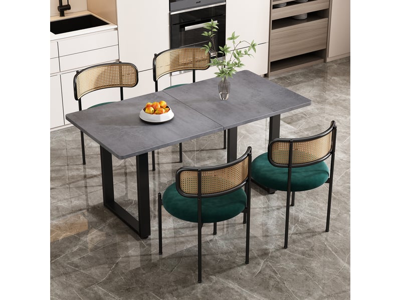  Lot de 5 pièces, table et chaises de salle à manger 140 x 70 cm, velours vert et paille, style industriel  - Conforama B