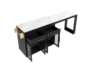 Îlot de cuisine noir avec desserte de cuisine à roulettes, table de bar extensible et portes en verre, 132,5-217x50x93 cm