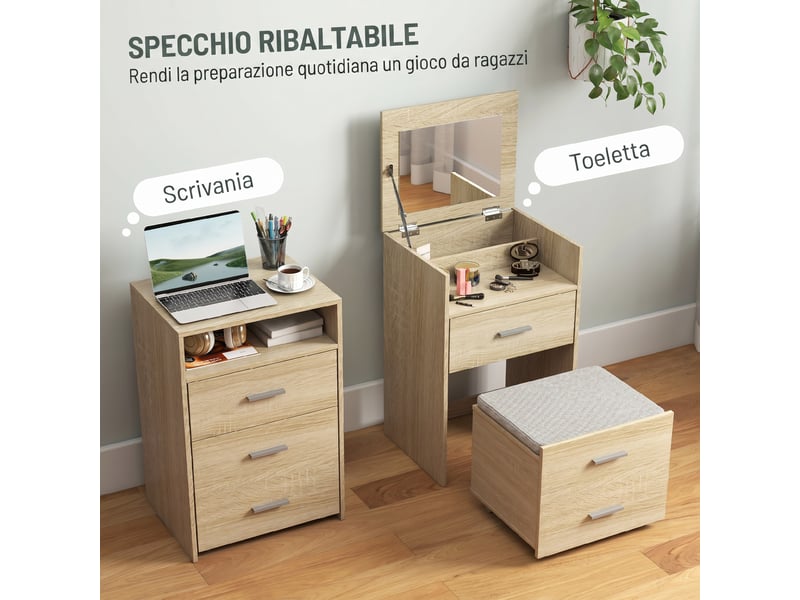  Coiffeuse avec miroir pliant, tiroirs et tabouret, en bois et tissu effet lin, coloris bois  - Conforama D