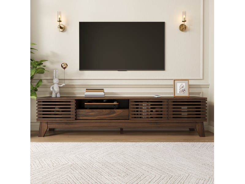  Meuble tv 170x35x40 cm – noyer foncé – 3 portes, tiroir, niches ouvertes et façades rainurées en mdf  - Conforama B