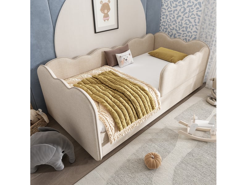 Lit enfant gigogne 90x190 cm avec sommier à lattes, revêtement en lin beige - Conforama D
