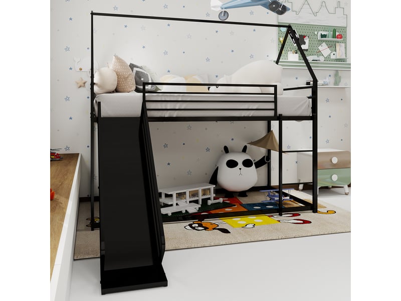  Lit superposé enfant 90x190cm - toboggan intégré - garde-corps 32cm - structure métal - noir  - Conforama D